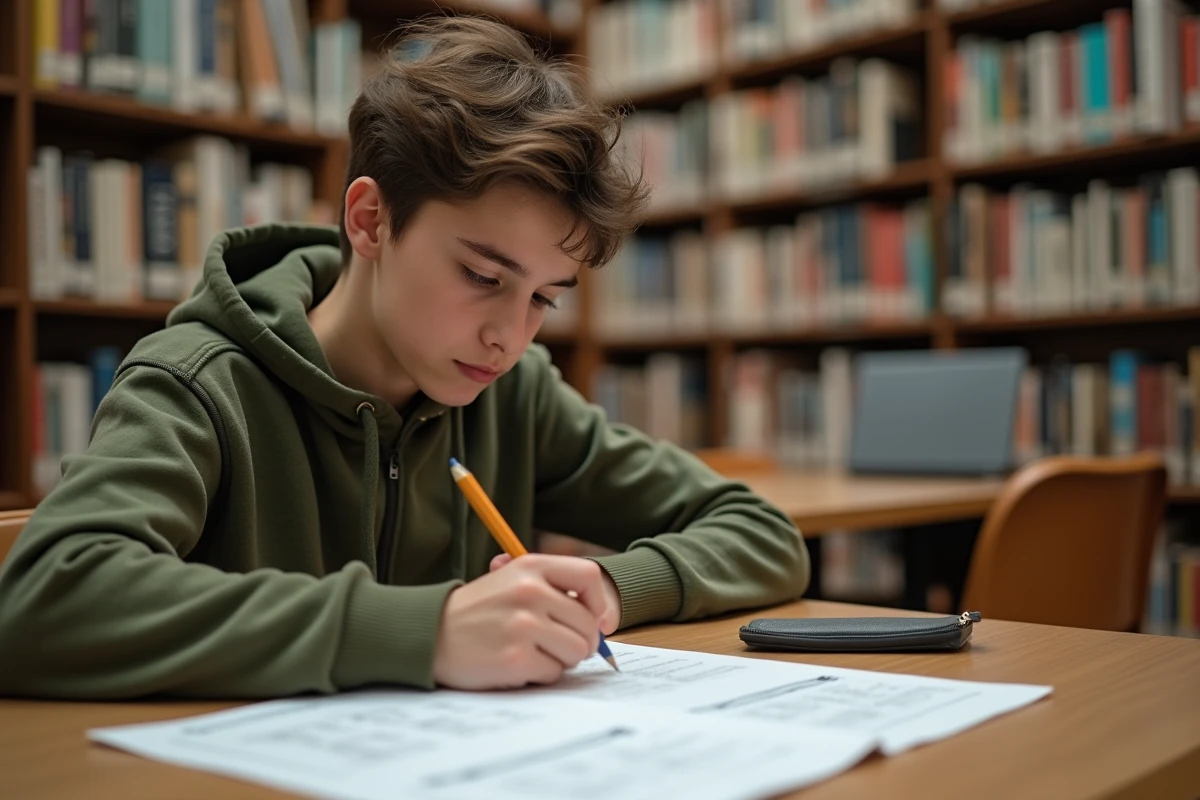 Adolescent corrigeant des exercices de classes grammaticales sur une feuille PDF imprimée dans une bibliothèque calme