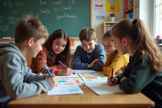 Groupe d'élèves de collège travaillant sur une affiche colorée