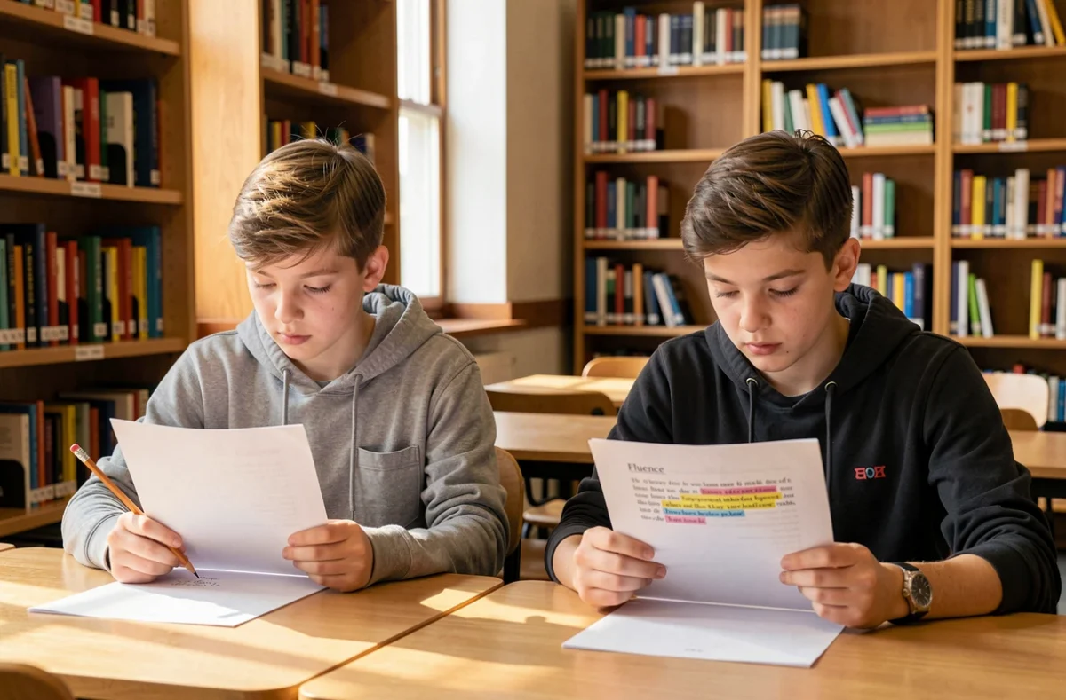 Deux élèves lisant des textes différenciés côte à côte dans une bibliothèque scolaire