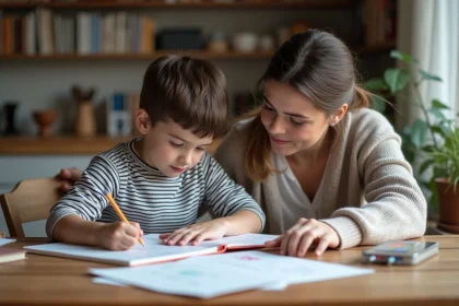 Un garçon et sa mère étudient le verbe aller à la maison