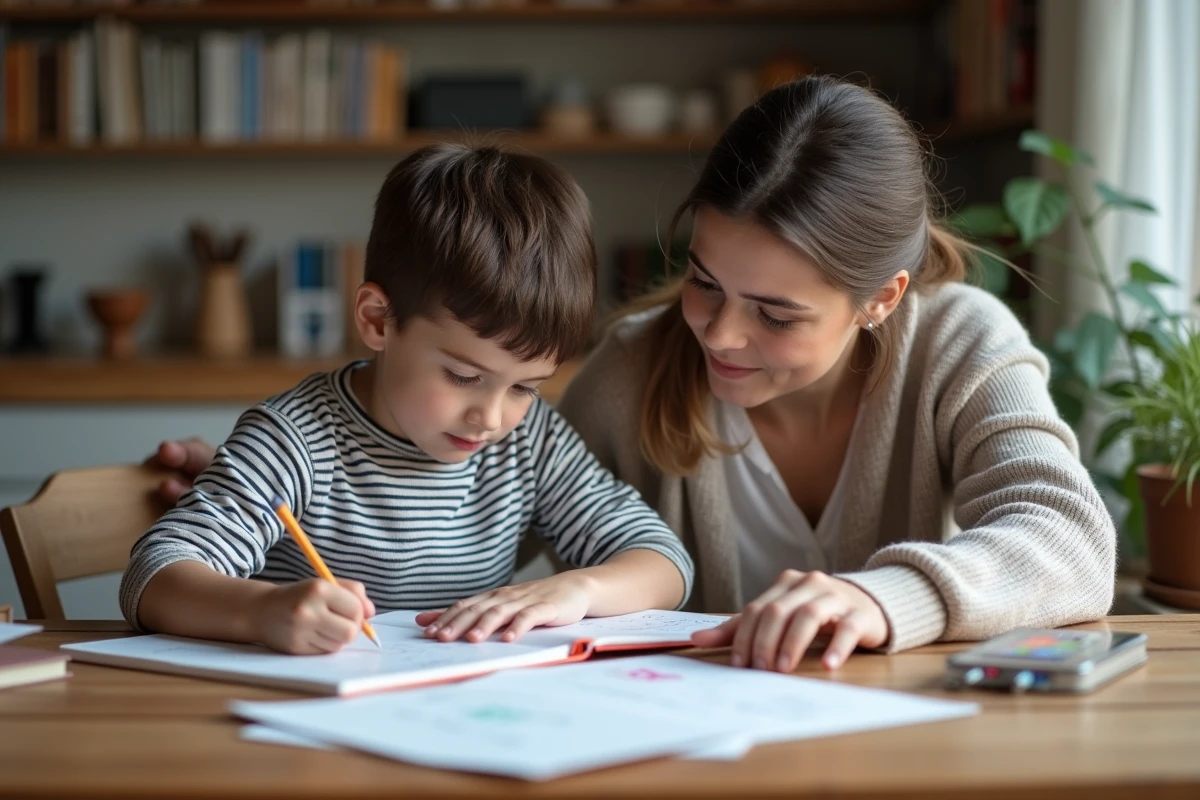 Un garçon et sa mère étudient le verbe aller à la maison