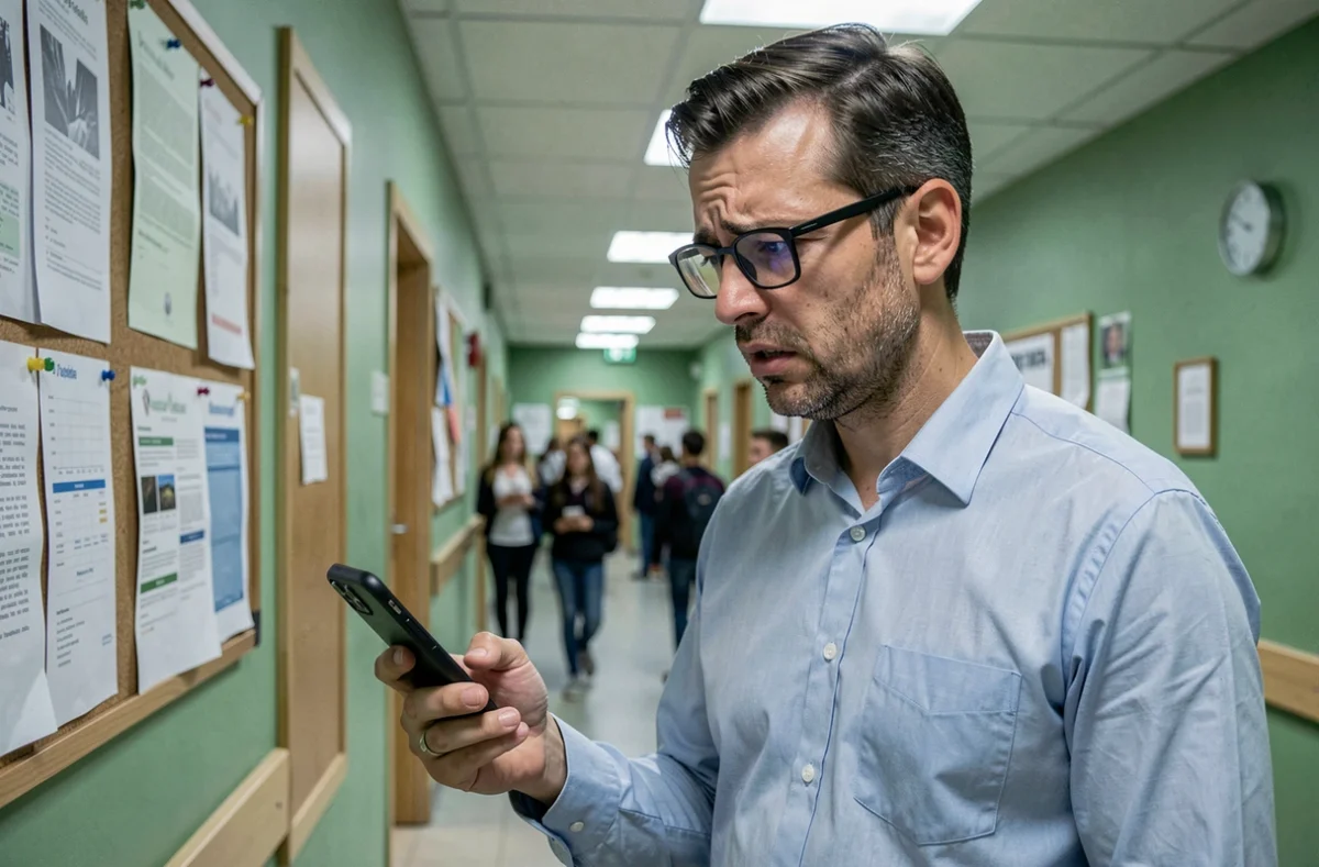 Enseignant stressé consultant son smartphone dans un couloir scolaire suite à une indisponibilité de la messagerie académique