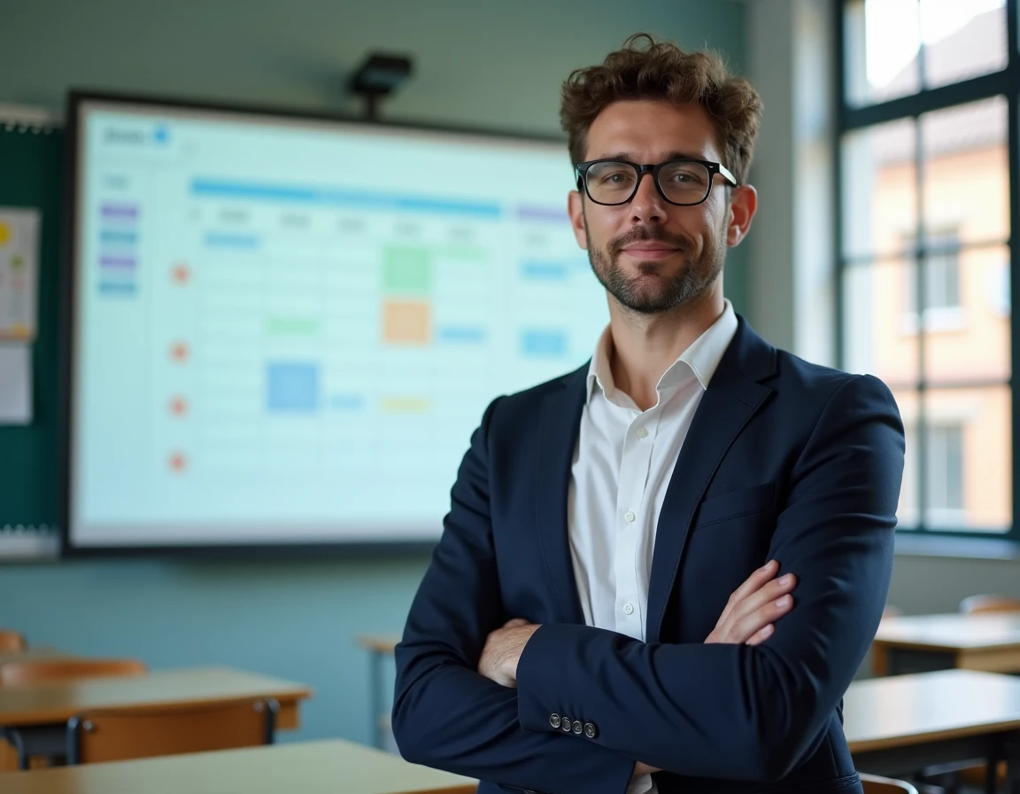 Enseignant présentant l'interface ENT eschool sur un tableau interactif dans une salle de classe vide avant la rentrée