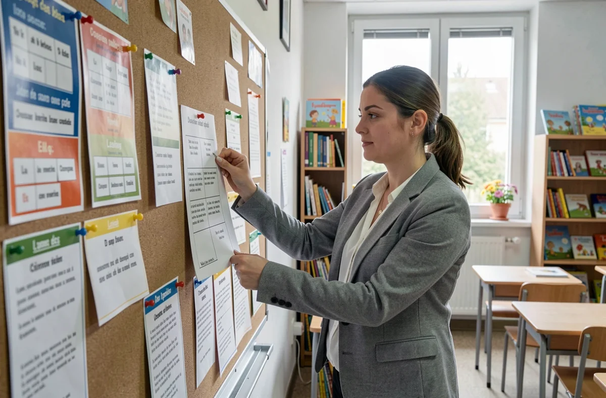 Enseignante de CE2 affichant des fiches de lecture imprimées sur le tableau d'affichage de sa classe