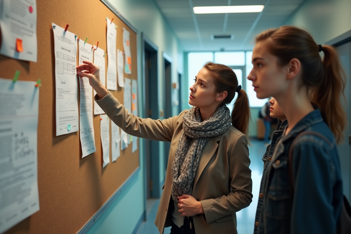 Professeure guidant deux lycéens devant un tableau d