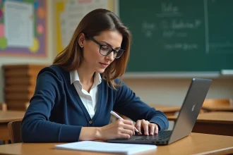 Enseignante remplissant le LSU sur un ordinateur portable dans une salle de classe française
