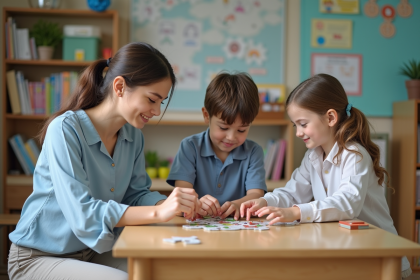 Enseignante guidant deux enfants lors d'un puzzle en classe
