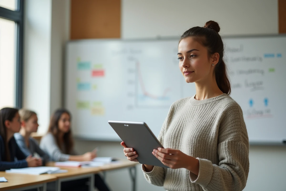 Jeune femme enseignant avec tablette Moodle en classe