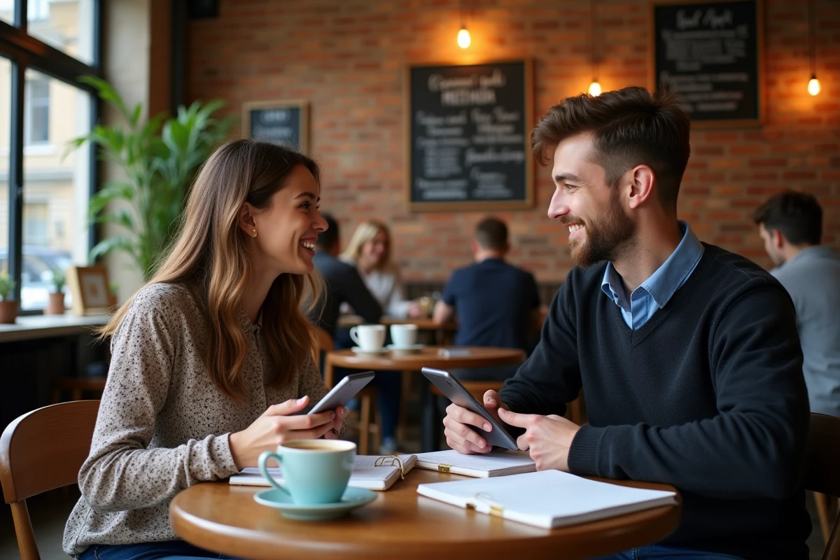 Deux jeunes enseignants débutants échangeant des conseils pour augmenter leur salaire autour d'un café