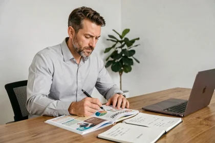 Entrepreneur calculant le prix d'un abonnement magazine pour son activité professionnelle à son bureau à domicile