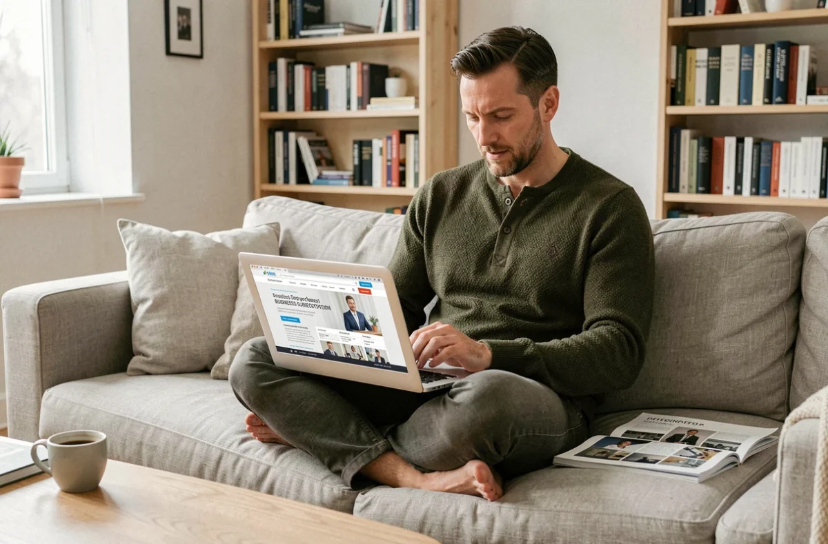 Entrepreneur indépendant consultant les prix d'abonnements magazines business depuis son salon avec un ordinateur portable