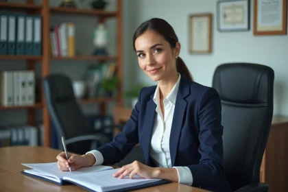 Femme professionnelle en entretien de recrutement scolaire, assise face à un bureau avec des documents dans un bureau administratif d'école
