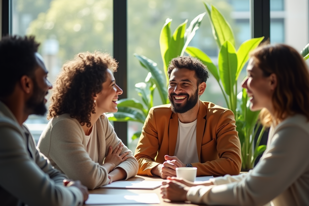 Groupe de collègues souriants dans un bureau lumineux