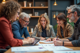 Groupe de professionnels collaborant autour de table design