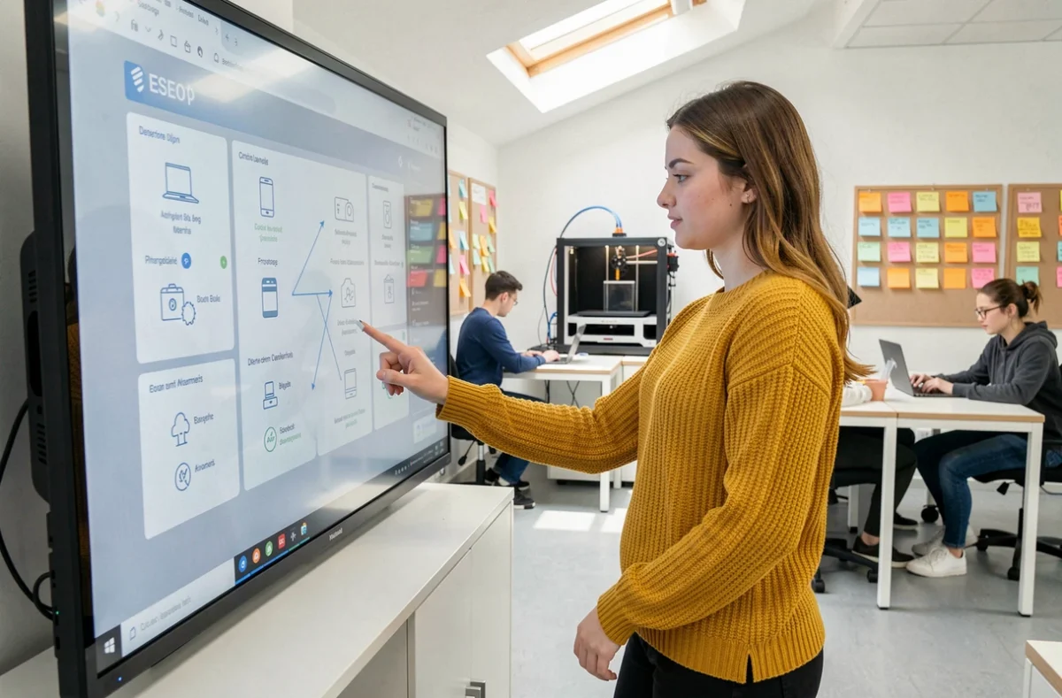 Étudiante interagissant avec un prototype numérique IoT dans le lab d'innovation de l'ESEO Dijon