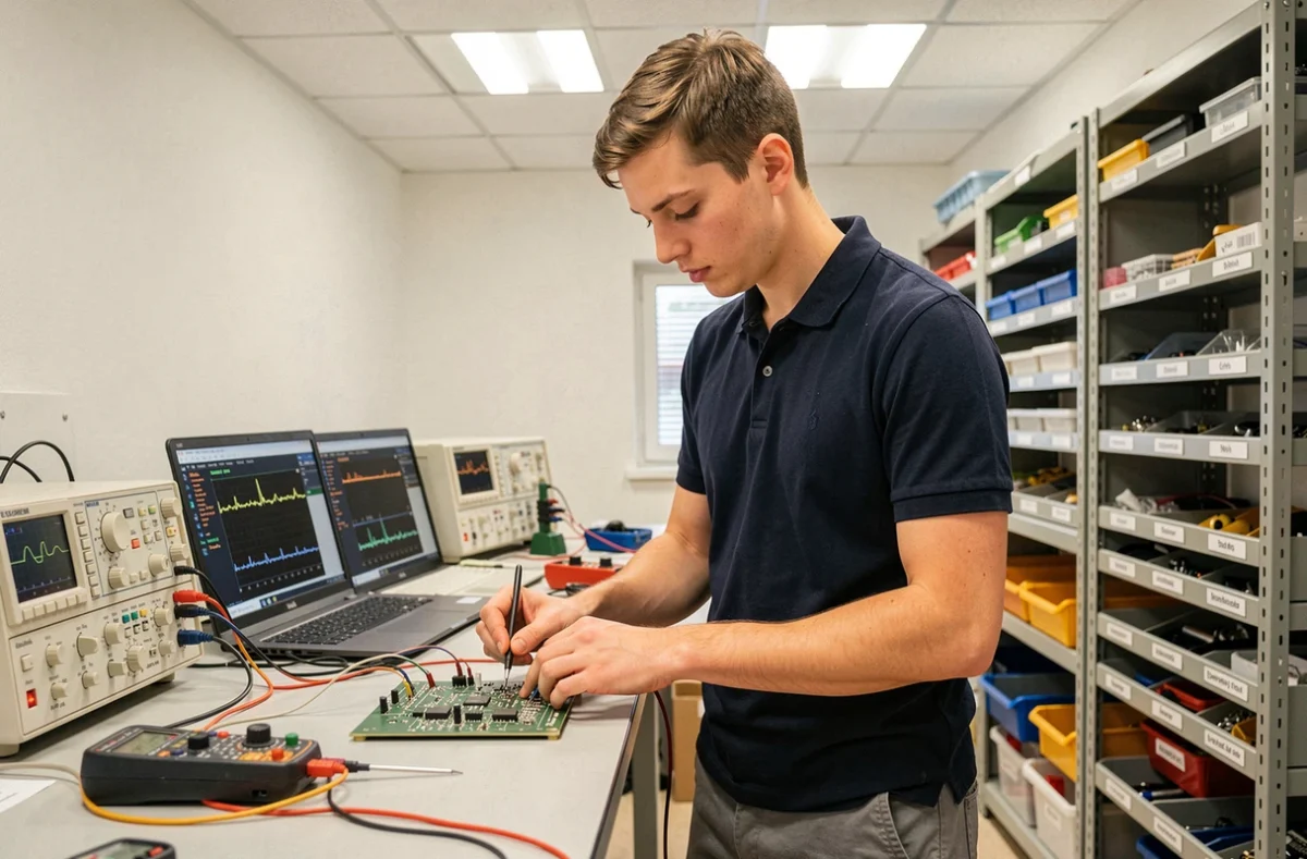Étudiant en génie informatique et électronique travaillant sur un circuit imprimé au laboratoire de l'ESIREM Dijon