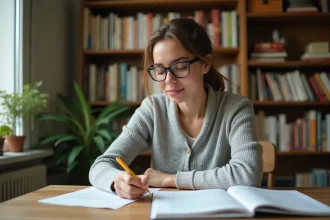 Jeune femme étudiant les classes grammaticales françaises avec des livres de grammaire et des exercices corrigés sur un bureau en bois