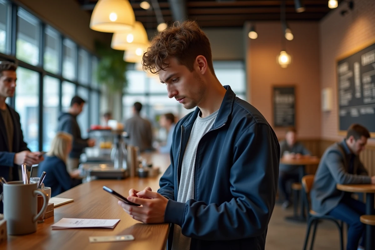 Jeune homme vérifiant son téléphone à la caisse d'un café universitaire avec une carte étudiante et un reçu posés sur le comptoir