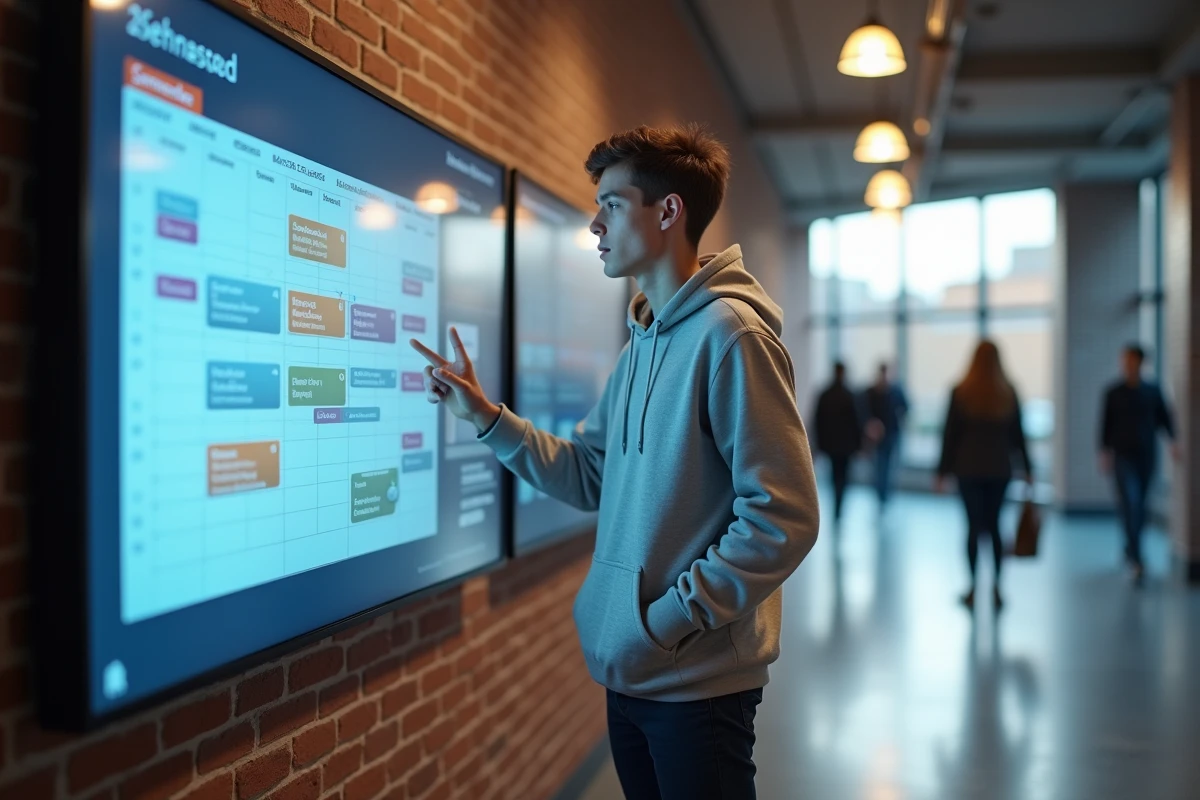 Étudiant masculin consultant un calendrier semestriel numérique interactif dans un couloir technologique d'école d'ingénieurs ESME