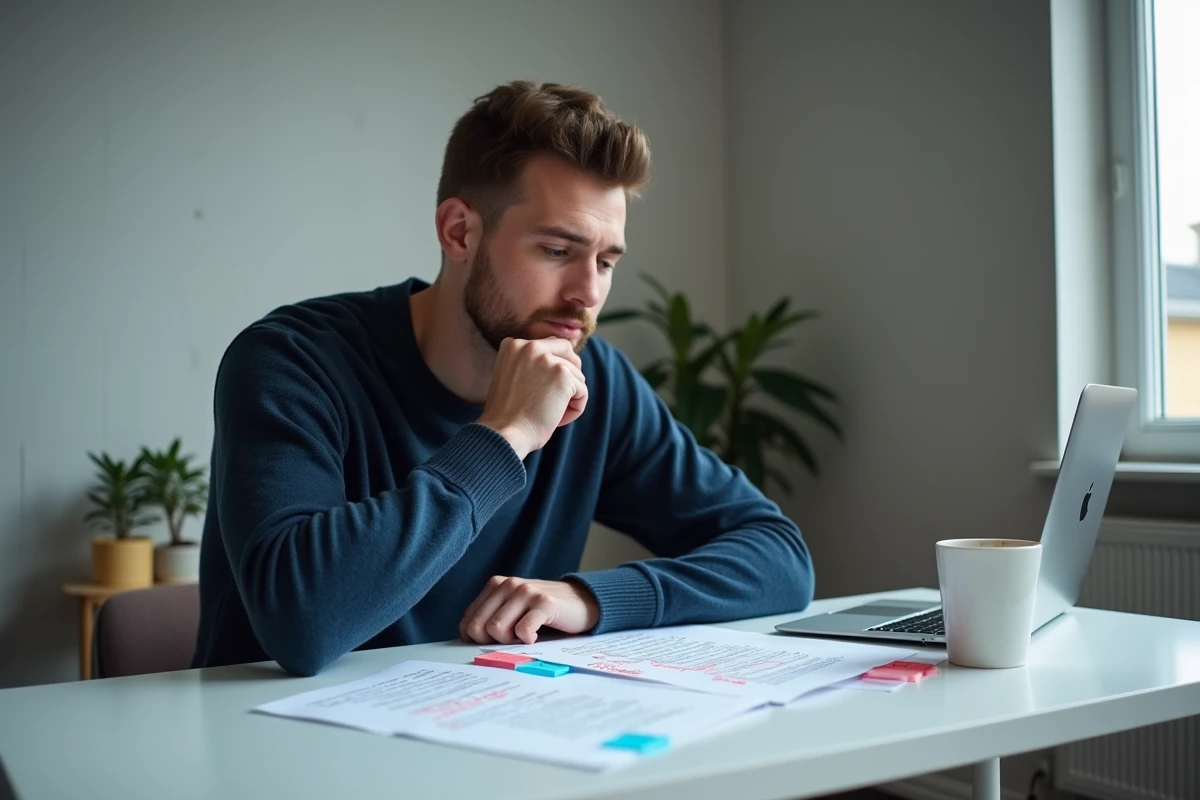 Étudiant comparant deux exemples de dissertations rédigées sur un bureau moderne avec annotations au stylo rouge