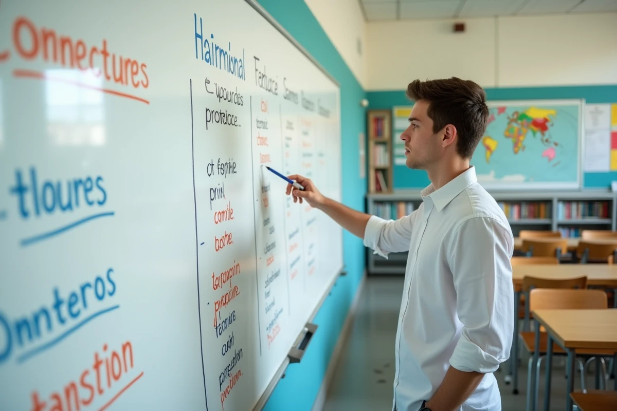 Étudiant expliquant les connecteurs logiques au tableau blanc dans une salle de classe de lycée