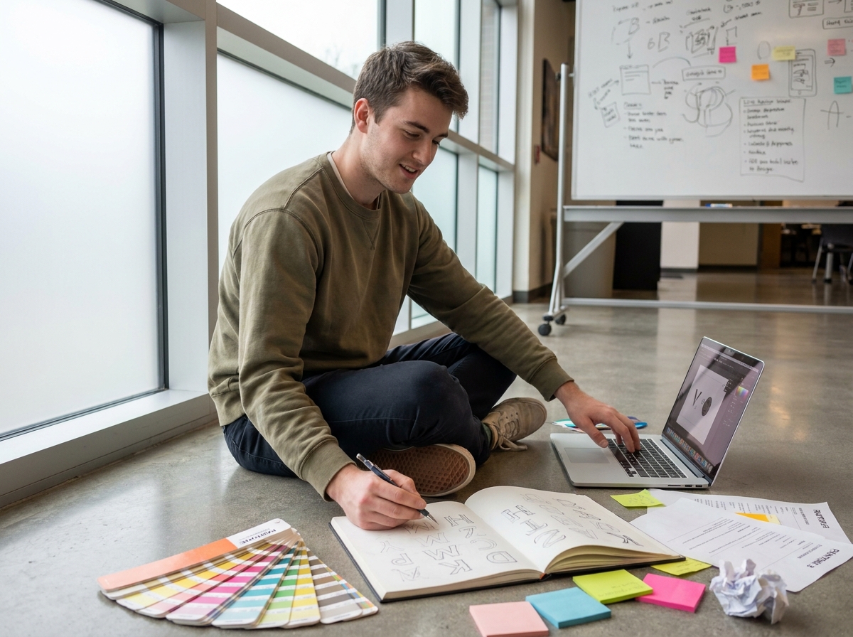 Étudiant en design graphique travaillant à la fois sur ordinateur portable et carnet de croquis dans un espace commun universitaire