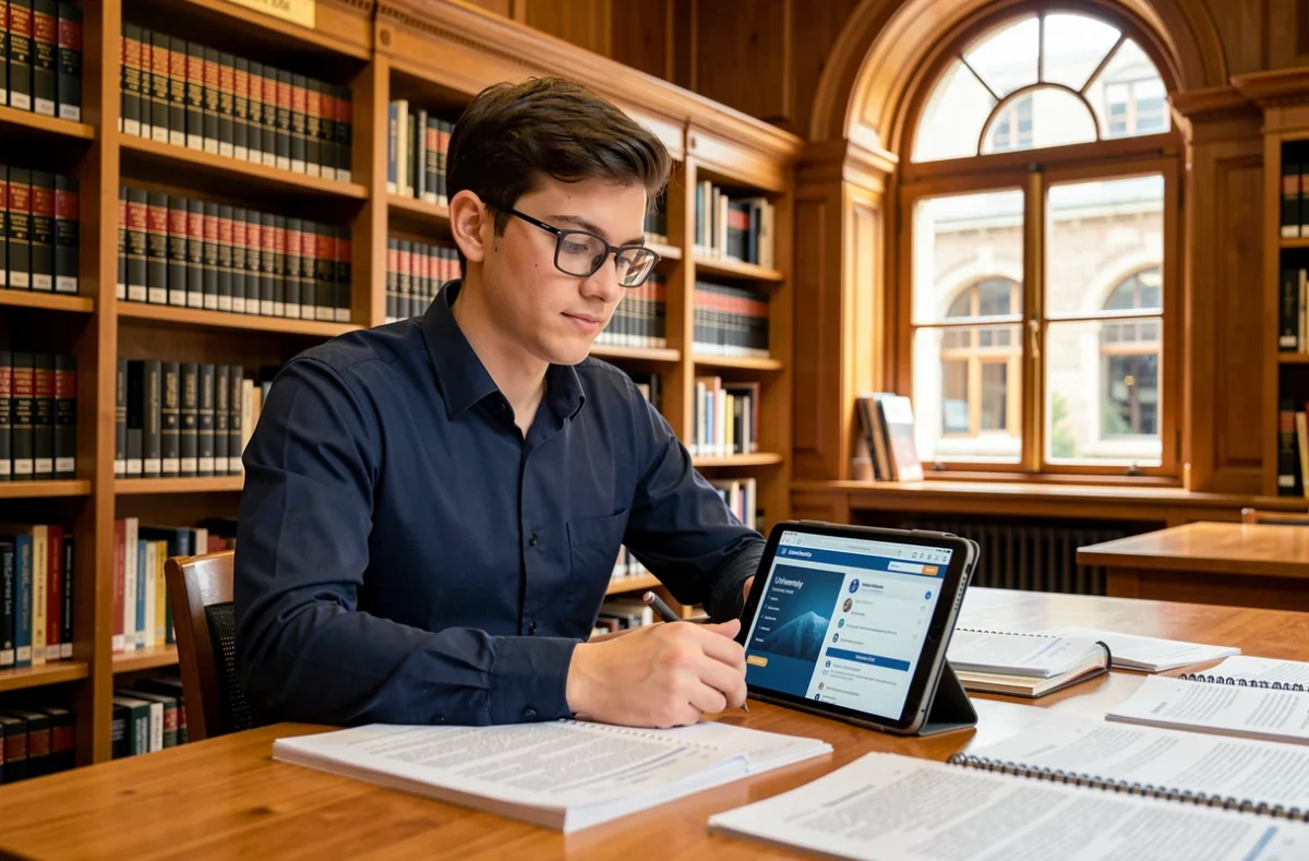 Étudiant en droit utilisant le nouvel ENT Assas sur une tablette dans une bibliothèque universitaire