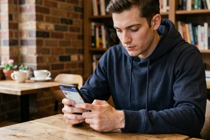 Étudiant utilisant une application ENT sur smartphone dans un café urbain
