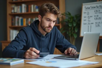 Étudiant en école de jeux vidéo calculant le coût total de sa formation sur 3 ans avec des documents de frais de scolarité