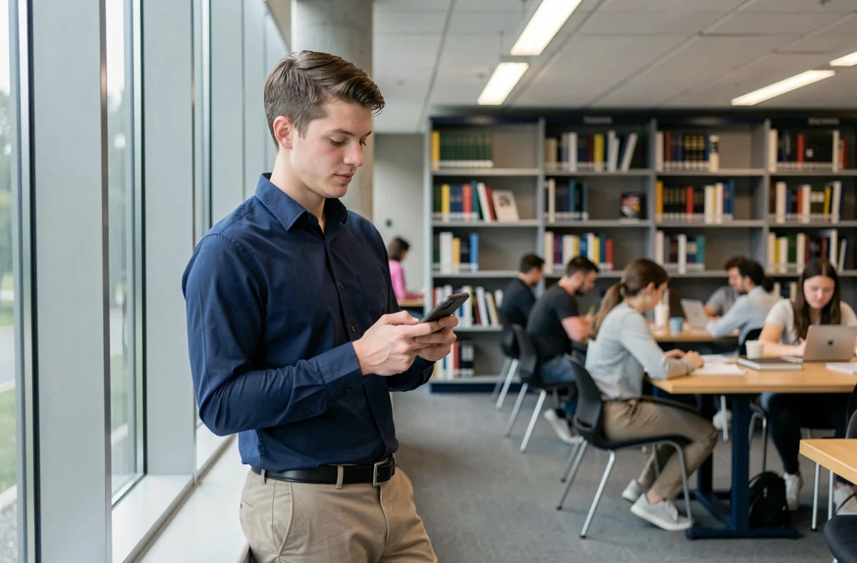Étudiant vérifiant son planning sur smartphone dans la bibliothèque universitaire ESG