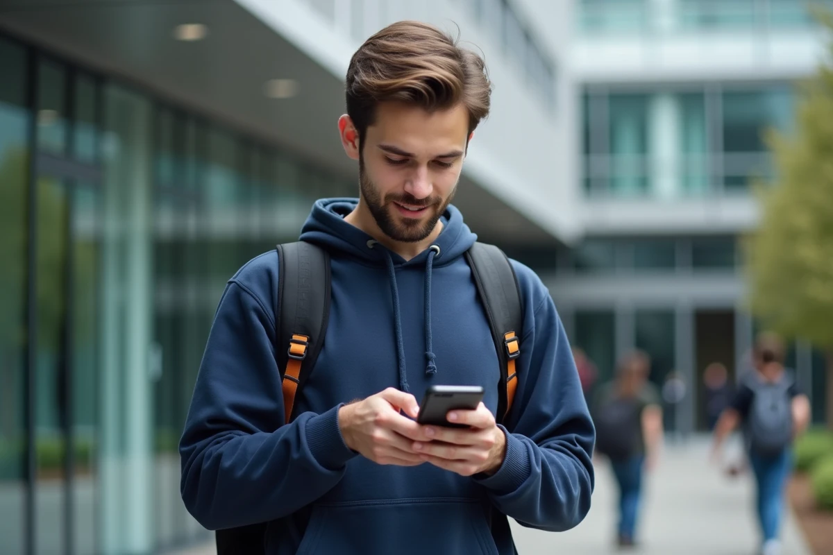 Étudiant consultant le portail Arena sur mobile devant un bâtiment universitaire