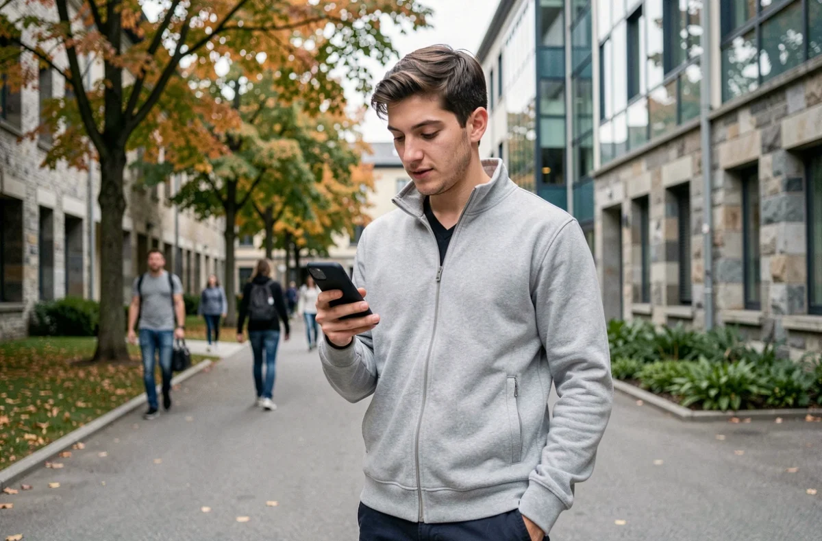 Étudiant consultant le portail LEO UGA sur son smartphone devant les bâtiments du campus de Grenoble en automne