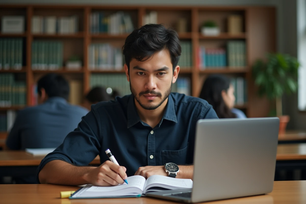 Homme en bibliothèque universitaire étudiant un exemple TOEIC avec un manuel ouvert et un ordinateur portable