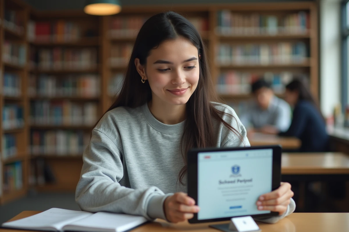 Étudiante activant son compte MonLycée sur une tablette dans une bibliothèque scolaire