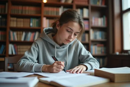 Étudiante annotant une dissertation imprimée dans une bibliothèque universitaire avec des livres ouverts sur le bureau