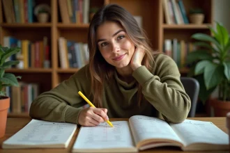Étudiante débutante apprenant les verbes espagnols avoir dans un cahier de conjugaison