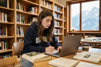 Étudiante travaillant sur son ordinateur portable dans la bibliothèque universitaire de Grenoble Alpes avec vue sur les montagnes