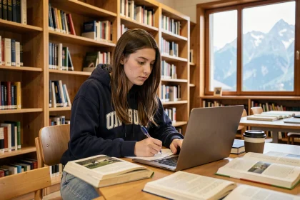 Étudiante travaillant sur son ordinateur portable dans la bibliothèque universitaire de Grenoble Alpes avec vue sur les montagnes