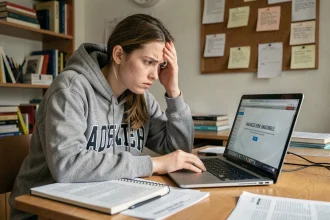 Étudiante frustrée devant un message d'erreur sur son ordinateur portable en tentant d'accéder à la boîte académique de Clermont-Ferrand
