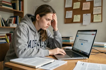 Étudiante frustrée devant un message d'erreur sur son ordinateur portable en tentant d'accéder à la boîte académique de Clermont-Ferrand