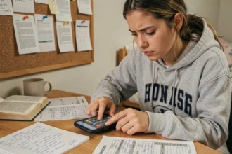 Étudiante calculant sa moyenne avec coefficient sur smartphone entourée de feuilles de notes manuscrites