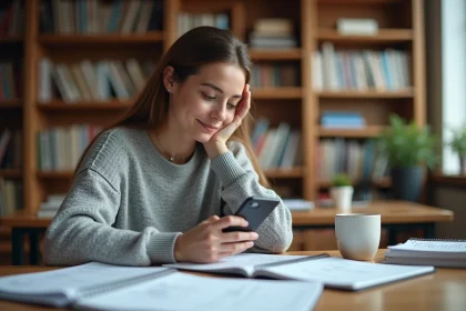 Étudiante utilisant une calculatrice de moyenne générale sur smartphone à son bureau de bibliothèque avec des relevés de notes imprimés
