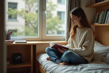 Étudiante lisant dans sa chambre de résidence universitaire bien organisée, illustrant le confort d'un logement étudiant pendant la crise du logement