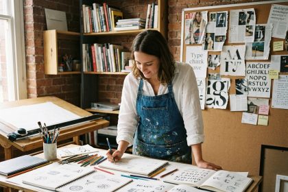 Étudiante en design graphique dessinant à la main dans un studio créatif avec carnets de croquis et crayons colorés sur une table à dessin en bois