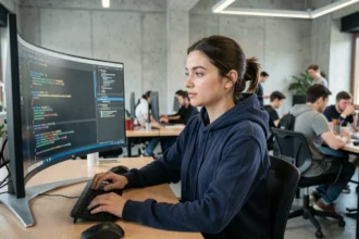 Étudiante en école d'informatique en Haute-Garonne travaillant sur du code devant un écran d'ordinateur dans un espace collaboratif moderne
