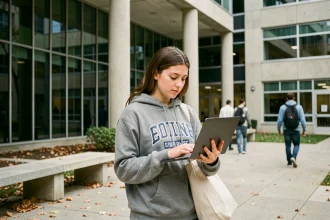 Étudiante consultant l'ENT Assas sur son ordinateur portable devant le campus universitaire en 2026