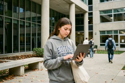 Étudiante consultant l'ENT Assas sur son ordinateur portable devant le campus universitaire en 2026