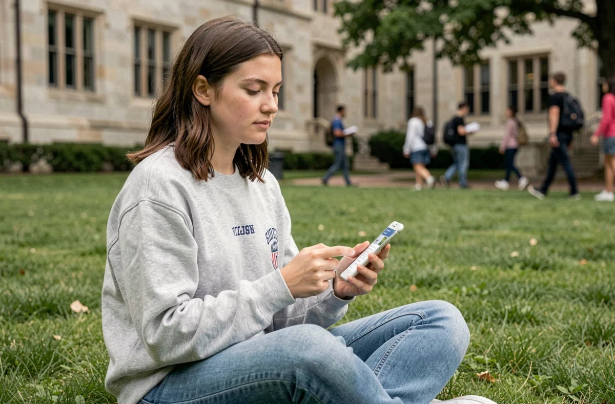 Étudiante consultant l'ENT sigma sur son téléphone portable en plein air sur un campus