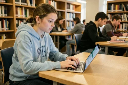 Étudiante consultant l'ENT de l'université du Mans sur son ordinateur portable dans une bibliothèque universitaire en 2026