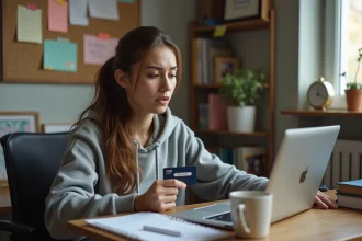 Étudiante frustrée tenant une carte de réduction étudiante devant son ordinateur portable dans une chambre universitaire